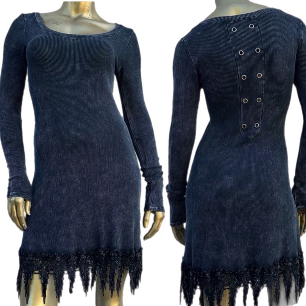 Y2K Vintage T Party Cotton waffle knit Long Sleeve Mini Dress-lace crochet hem S
